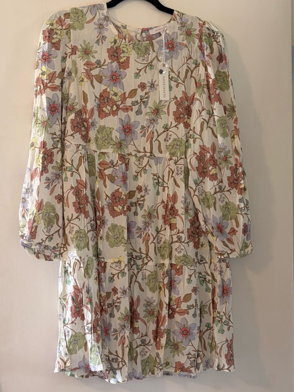 Olivaceous Cream Floral Tiered Dress with Lavender and Coral Accents Medium